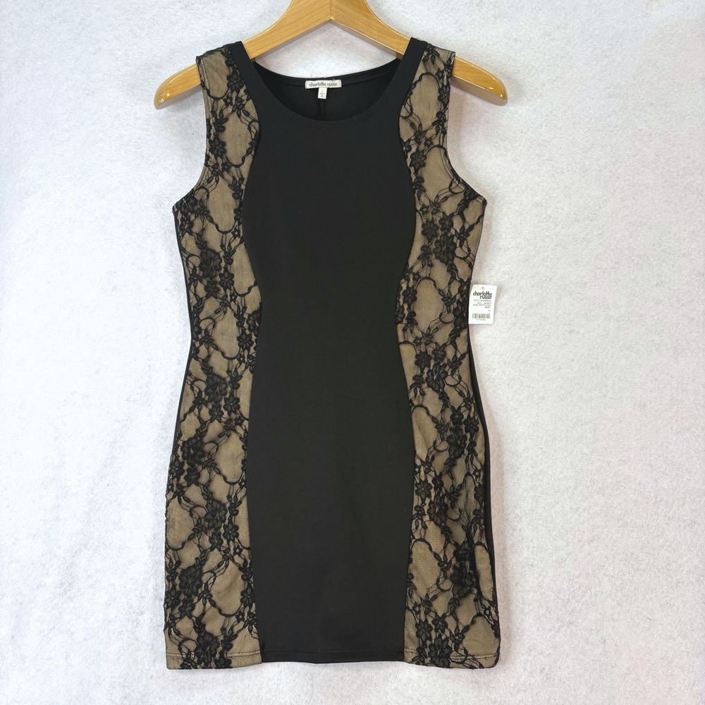 Charlotte Russe Lace Side Bodycon Black Mini Dress Women L Date Night Chic LBD